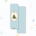 Christmas at Home bookmark with Elaine Girls characters decorating a Christmas tree with ornaments, a tree skirt, and light blue striped back