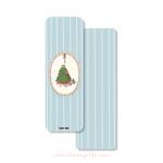 Christmas at Home bookmark with Elaine Girls characters decorating a Christmas tree with ornaments, a tree skirt, and light blue striped back
