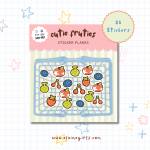 Cutie Fruties sticker flakes featuring 35 cute fruit stickers with strawberries, cherries, blueberries, tomatoes, and more by Elaine Girls
