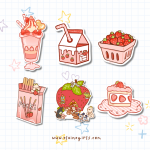 Strawberry Lover’s Sticker Pack with six strawberry-themed vinyl stickers featuring a strawberry shake, milk carton, basket, cake, Pocky box, and Elaine Girls characters