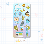 Frutiger Aero Aquarium deco sticker sheet featuring Elaine Girls characters, manta ray, fish, aquarium plants, fish bowls, laptop, and Ramune bottle designs