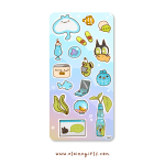 Frutiger Aero Aquarium deco sticker sheet featuring Elaine Girls characters, manta ray, fish, aquarium plants, fish bowls, laptop, and Ramune bottle designs