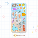 Frutiger Aero Ocean Animals deco sticker sheet featuring colorful fish, whale shark, squid, shells, coral, starfish, and other cute sea creatures by Elaine Girls