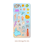 Frutiger Aero Ocean Animals deco sticker sheet featuring colorful fish, whale shark, squid, shells, coral, starfish, and other cute sea creatures by Elaine Girls