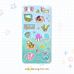 Frutiger Aero Summer deco sticker sheet featuring Elaine Girls characters, jellyfish, seashells, coral, fish, popsicles, and aquarium-themed designs