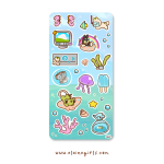 Frutiger Aero Summer deco sticker sheet featuring Elaine Girls characters, jellyfish, seashells, coral, fish, popsicles, and aquarium-themed designs