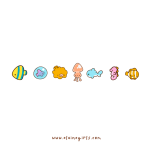 Under the Sea sticker flakes featuring seven cute ocean designs including colorful fish, jellyfish, squid, seahorse, and sea creature characters by Elaine Girls