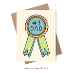 #1 Dad Father’s Day greeting card featuring a blue and green award ribbon on a cream striped background by Elaine Girls