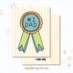 #1 Dad Father’s Day greeting card featuring a blue and green award ribbon on a cream striped background by Elaine Girls