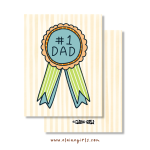 #1 Dad Father’s Day greeting card featuring a blue and green award ribbon on a cream striped background by Elaine Girls