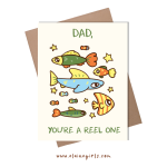 Dad You’re a Reel One Father’s Day greeting card featuring colorful illustrated fish and stars by Elaine Girls