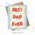Best Dad Ever Father’s Day greeting card with red lettering, green gingham design, and blue border by Elaine Girls