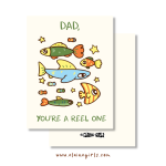 Dad You’re a Reel One Father’s Day greeting card featuring colorful illustrated fish and stars by Elaine Girls