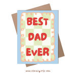 Best Dad Ever Father’s Day greeting card with red lettering, green gingham design, and blue border by Elaine Girls