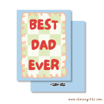 Best Dad Ever Father’s Day greeting card with red lettering, green gingham design, and blue border by Elaine Girls