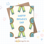 Happy Father’s Day greeting card featuring a pattern of #1 Dad award ribbons in blue and green by Elaine Girls