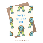 Happy Father’s Day greeting card featuring a pattern of #1 Dad award ribbons in blue and green by Elaine Girls