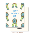 Happy Father’s Day greeting card featuring a pattern of #1 Dad award ribbons in blue and green by Elaine Girls