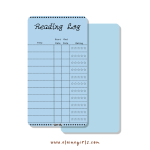 Blue reading log bookmark with spaces to track book titles, start and end dates, and star ratings by Elaine Girls