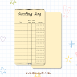 Yellow reading log bookmark with spaces to track book titles, start and end dates, and star ratings by Elaine Girls