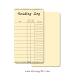 Yellow reading log bookmark with spaces to track book titles, start and end dates, and star ratings by Elaine Girls