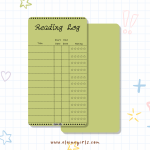 Green reading log bookmark with spaces to track book titles, start and end dates, and star ratings by Elaine Girls