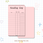 Pink reading log bookmark with spaces to track book titles, start and end dates, and star ratings by Elaine Girls