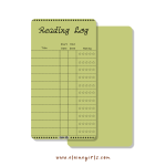 Green reading log bookmark with spaces to track book titles, start and end dates, and star ratings by Elaine Girls