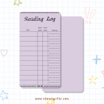 Purple reading log bookmark with spaces to track book titles, start and end dates, and star ratings by Elaine Girls