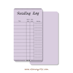 Purple reading log bookmark with spaces to track book titles, start and end dates, and star ratings by Elaine Girls