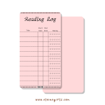 Pink reading log bookmark with spaces to track book titles, start and end dates, and star ratings by Elaine Girls