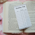 White reading log bookmark with spaces to track book titles, start and end dates, and star ratings by Elaine Girls