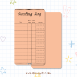 Orange reading log bookmark with spaces to track book titles, start and end dates, and star ratings by Elaine Girls