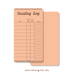 Orange reading log bookmark with spaces to track book titles, start and end dates, and star ratings by Elaine Girls