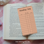 Orange reading log bookmark with spaces to track book titles, start and end dates, and star ratings by Elaine Girls