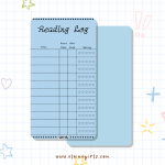 Blue reading log bookmark with spaces to track book titles, start and end dates, and star ratings by Elaine Girls