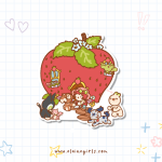 Strawberry House Party vinyl sticker featuring Elaine Girls characters gathered around a giant strawberry house by Elaine Girls