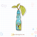 Ramune Plant vinyl sticker featuring a blue Japanese ramune soda bottle with green plant leaves growing from the top by Elaine Girls