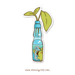 Ramune Plant vinyl sticker featuring a blue Japanese ramune soda bottle with green plant leaves growing from the top by Elaine Girls