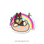 Floatie Cat vinyl sticker featuring a black cat named Cat relaxing in a pink polka dot pool float with a rainbow behind it by Elaine Girls