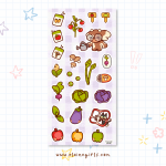 Garden Grown deco sticker sheet featuring vegetables, gardening supplies, mushrooms, and cute garden character illustrations by Elaine Girls