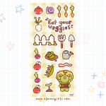 Garden Patch deco sticker sheet featuring vegetables, gardening tools, Eat Your Veggies lettering, and a garden frog character by Elaine Girls