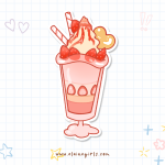 Strawberry Shake jumbo vinyl sticker featuring a pink strawberry milkshake topped with strawberries, whipped cream, two straws, and a cookie by Elaine Girls