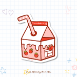 Strawberry Milk Carton vinyl sticker featuring a pink strawberry milk carton with strawberries and a striped straw by Elaine Girls