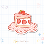 Strawberry Cake vinyl sticker featuring a slice of strawberry cake with pink frosting, fresh strawberries, and a strawberry on top by Elaine Girls