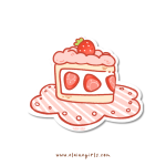 Strawberry Cake vinyl sticker featuring a slice of strawberry cake with pink frosting, fresh strawberries, and a strawberry on top by Elaine Girls