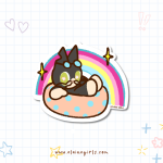 Floatie Cat vinyl sticker featuring a black cat named Cat relaxing in a pink polka dot pool float with a rainbow behind it by Elaine Girls