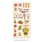 Garden Patch deco sticker sheet featuring vegetables, gardening tools, Eat Your Veggies lettering, and a garden frog character by Elaine Girls