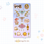 Moonlit Moth deco sticker sheet with moths, mushrooms, moon and sun, stars, cat, and magical illustrations by Elaine Girls