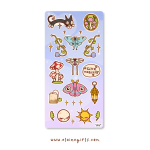 Moonlit Moth deco sticker sheet with moths, mushrooms, moon and sun, stars, cat, and magical illustrations by Elaine Girls